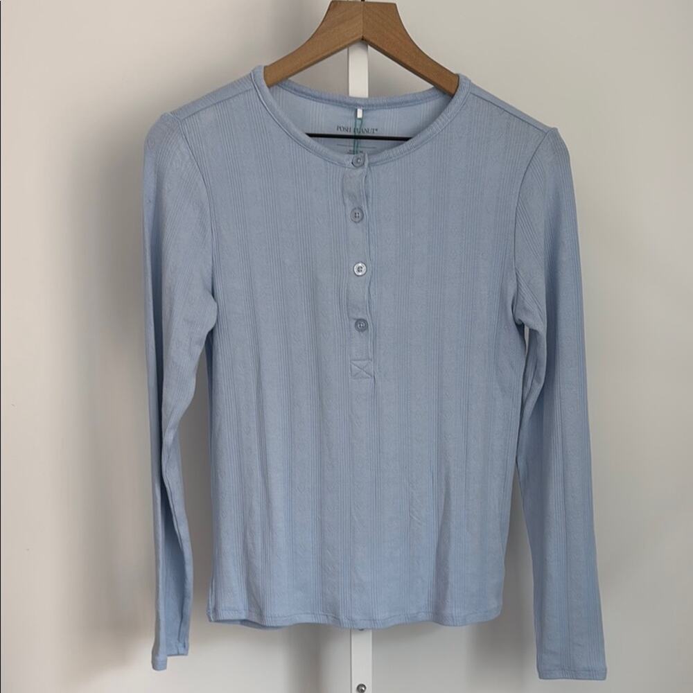 POSH PEANUT periwinkle blue pointelle henley top long sleeve top hearts